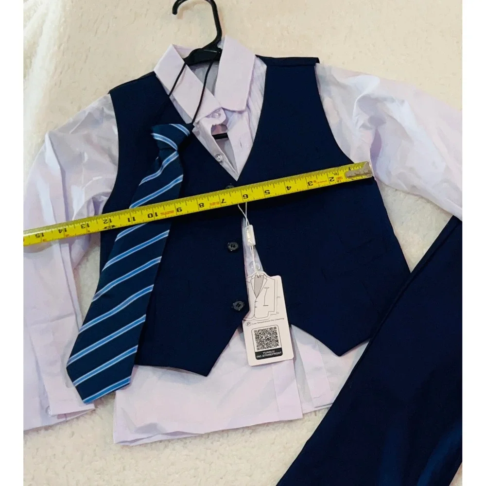 Yuanlu Boys 4 Piece Navy Blue Suit Set Vest PaShirt Tie Formal Wedding Size 7